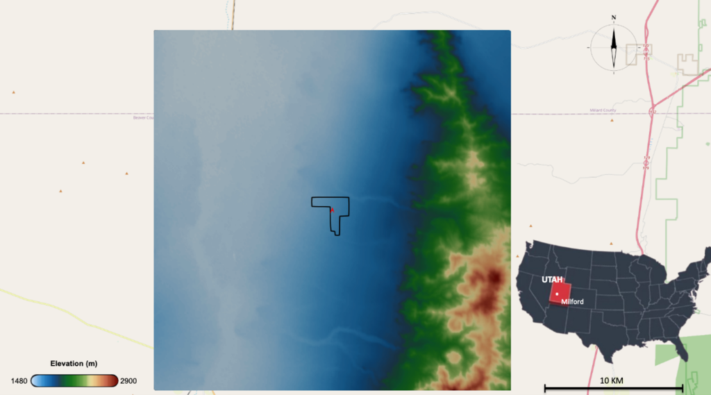 2D view and topography of the Utah FORGE site (Milford, Utah, USA). The black outline delimits the study area. The high-altitude zone to the east corresponds to the Mineral Mountains, whose western flank hosts the hot granite pluton targeted by the project.